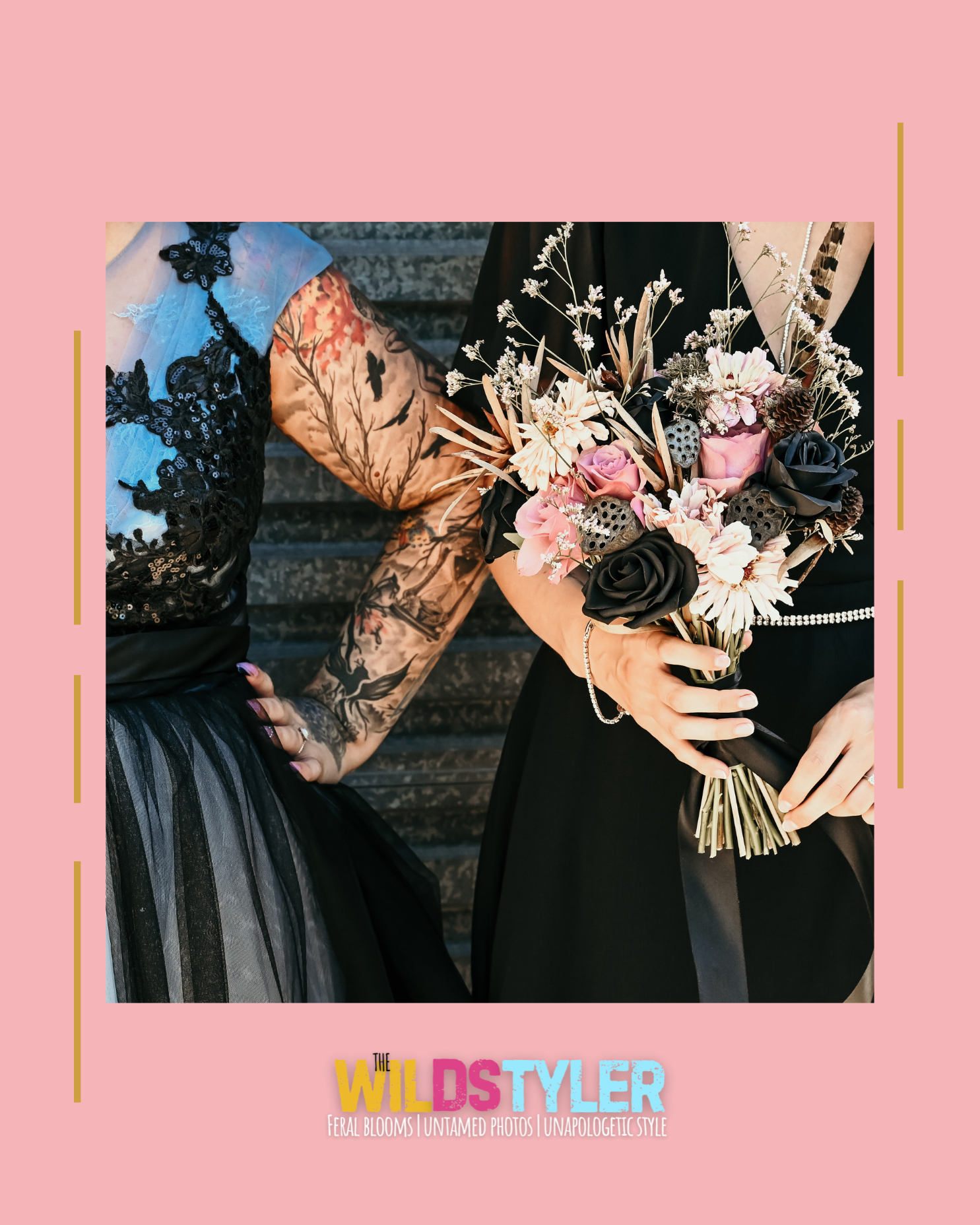 non-traditional bride in gorgeous black and grey dress with a wild bouquet - edgy elopement in New Zealand
